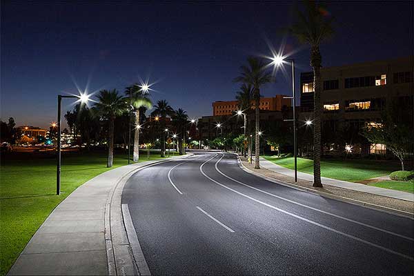 ge evolve led streetlights illuminating a roadway